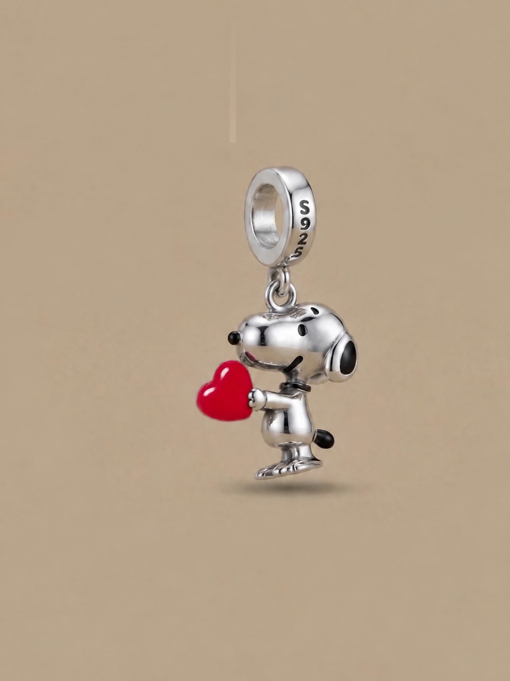 S925 Silver Snoopy Dog Charm with Red Heart